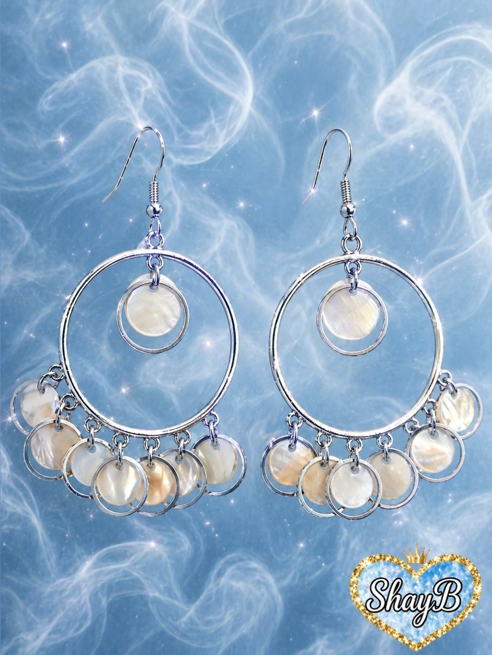 Silver Hoop Dangle Earrings with Pearl Discs - Cream